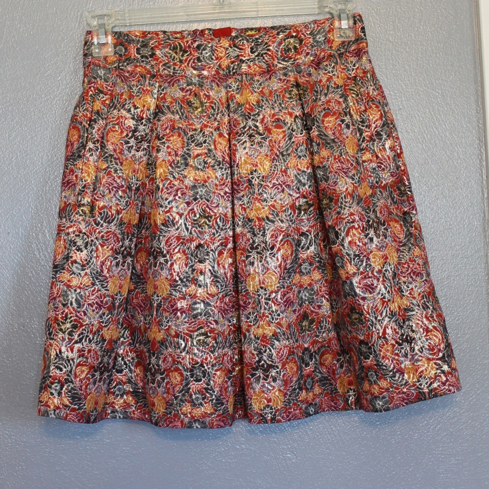 Maeve Anthropologie Rosie Floral Metallic Brocade Pleated A Line Skirt Small